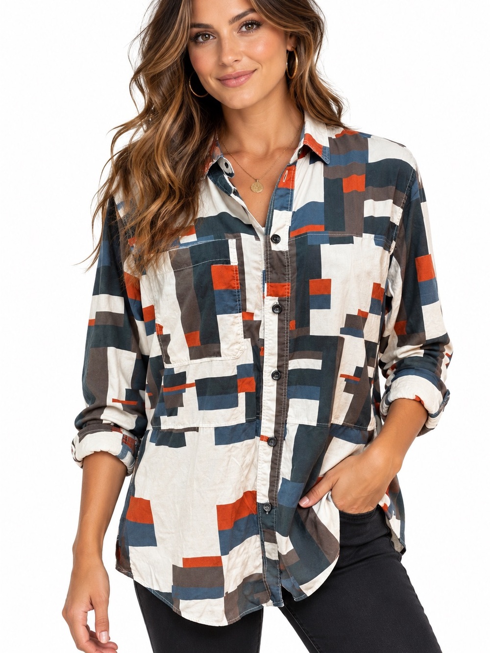 Billy Reid Cotton Abstract Geometric Print Button-Up Blouse  White, Navy & Rust